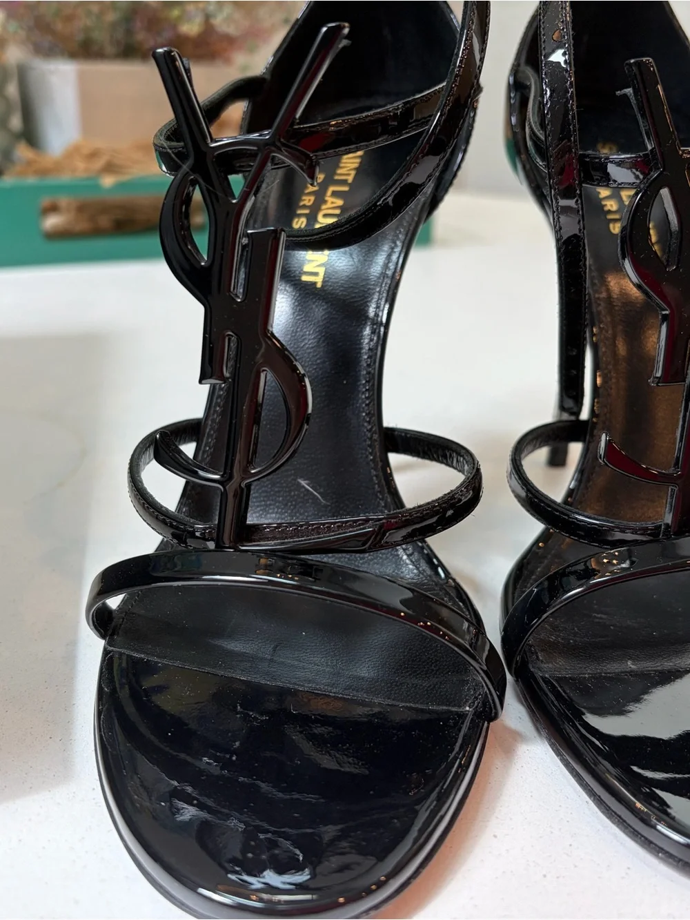 Saint Laurent Cassandra Black Patent Leather Logo T-Strap Stiletto Sandals - Picture 4 of 13